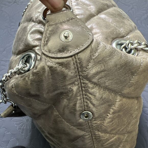 Michael Kors Quilted Lamb Leather Shoulder Handbag Gold Lame 2 Way Chain Strap - Picture 11 of 15